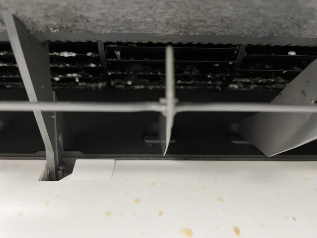 油汚れとカビでファンに大量にこびりついた汚れ