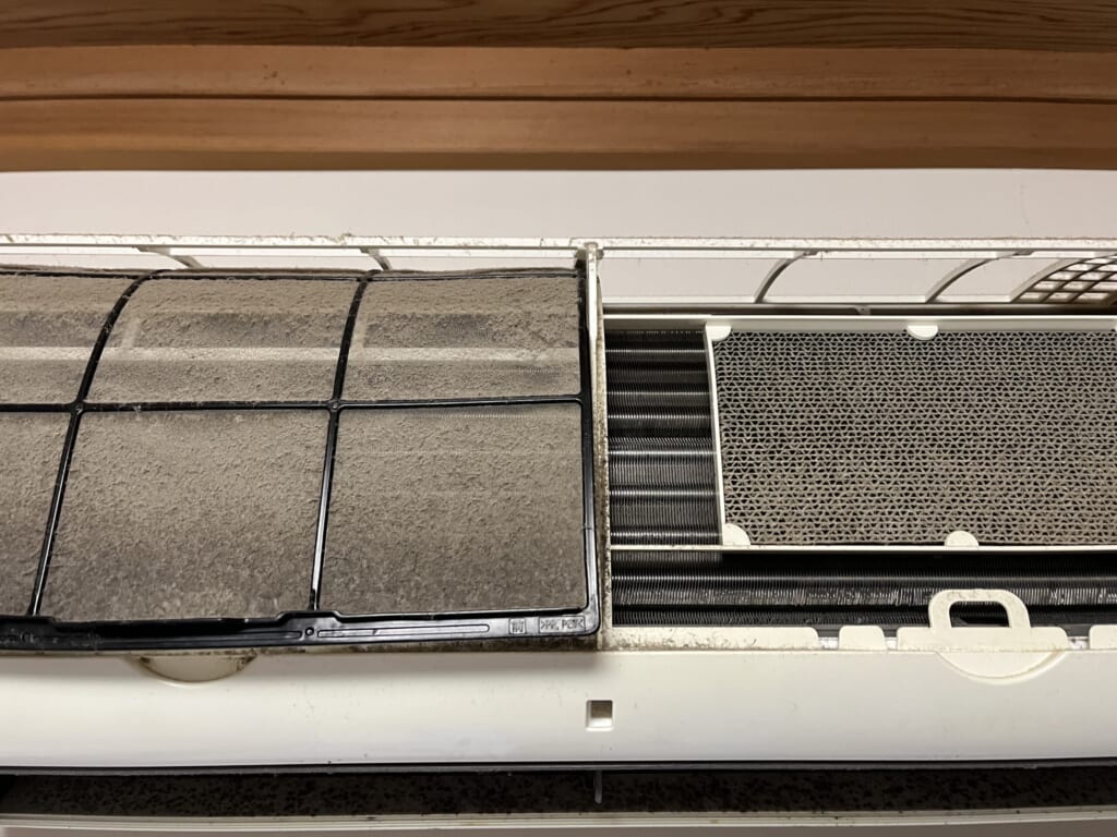 エアコンクリーニング前の、ホコリとカビまみれの熱交換器とフィルター